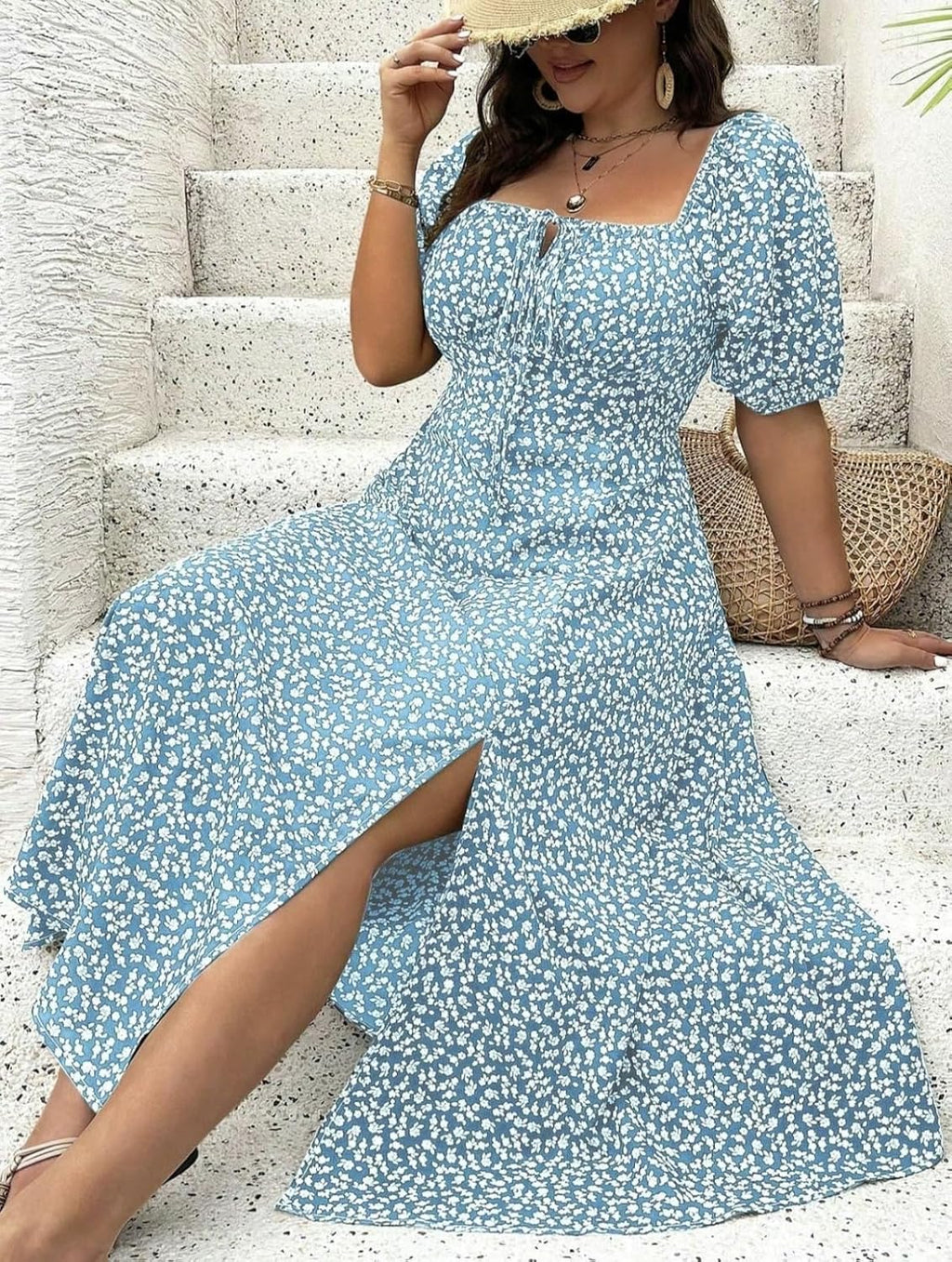 Women Plus Size Dress Puff Sleeve Floral Split A Line Maxi Dress Boho Tie Front Casual Beach Long Dresses