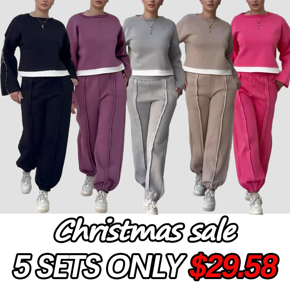 Women's Casual Round Neck Contrast Patchwork Sweatpants Suit