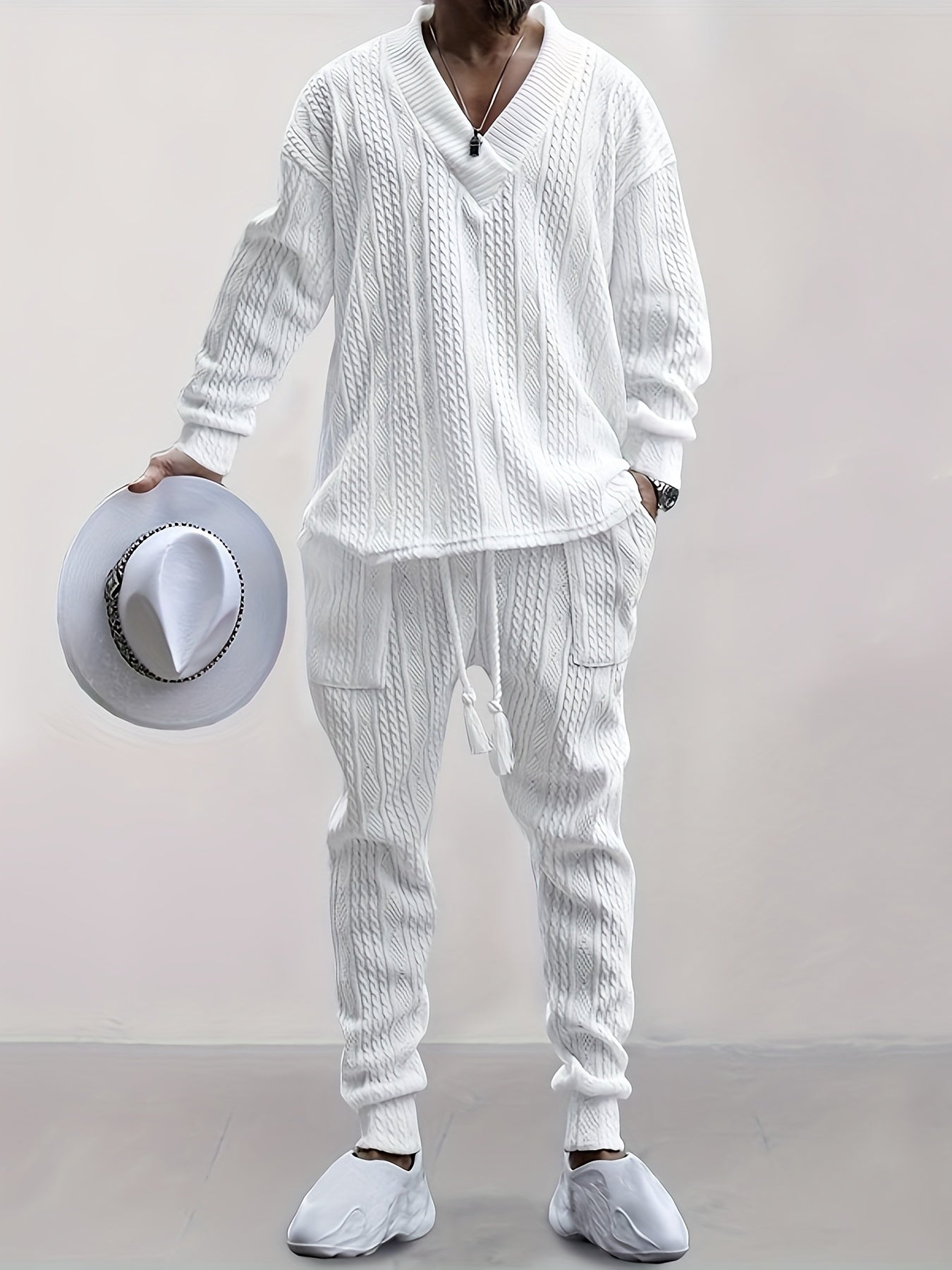 Mens V Neck Sweatshirt Jacquard Tracksuit 2 Piece Men Baggy Sweatsuit Sets Men's Jogging Tracksuit Set Outfit for Men