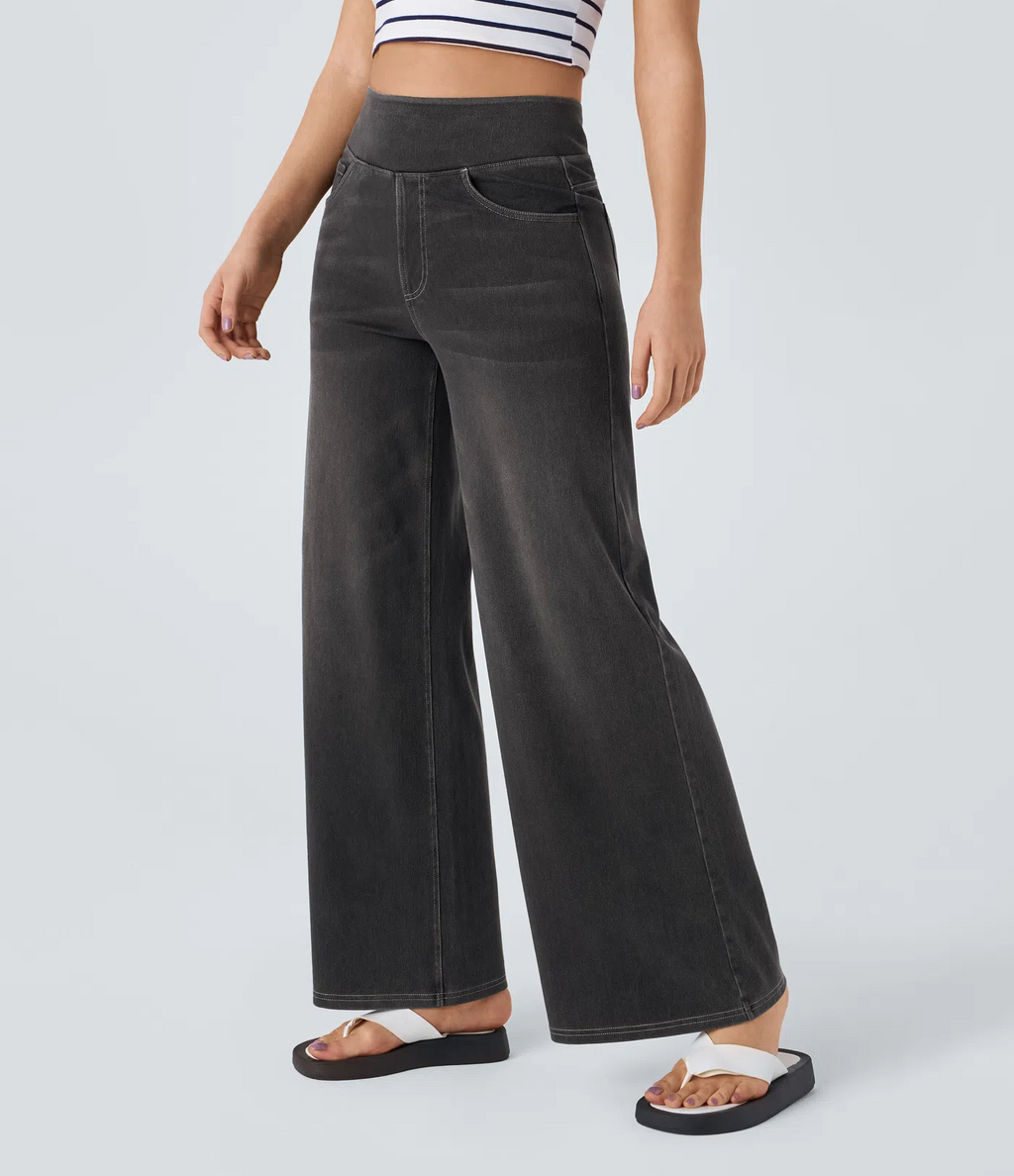 💝Last day promotion⚡High Waisted Multiple Pockets Baggy Wide Leg Washed Stretchy Knit Casual Jeans
