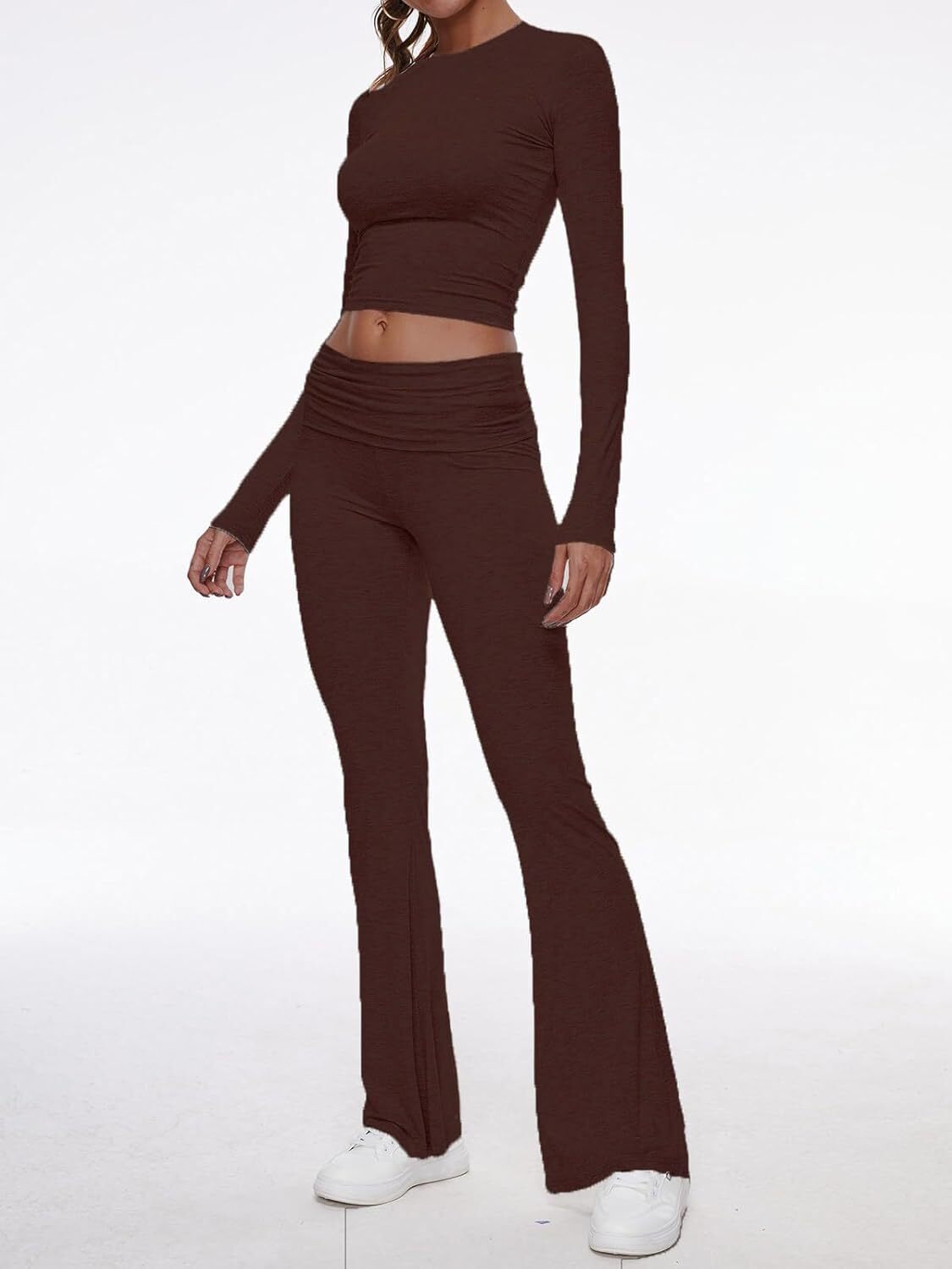 Women's 2 Piece Lounge Sets Fold-over Flare Pants Set Long Sleeve Crop