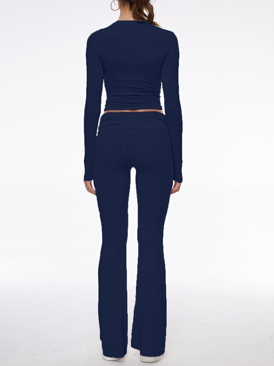 Women's 2 Piece Lounge Sets Fold-over Flare Pants Set Long Sleeve Crop