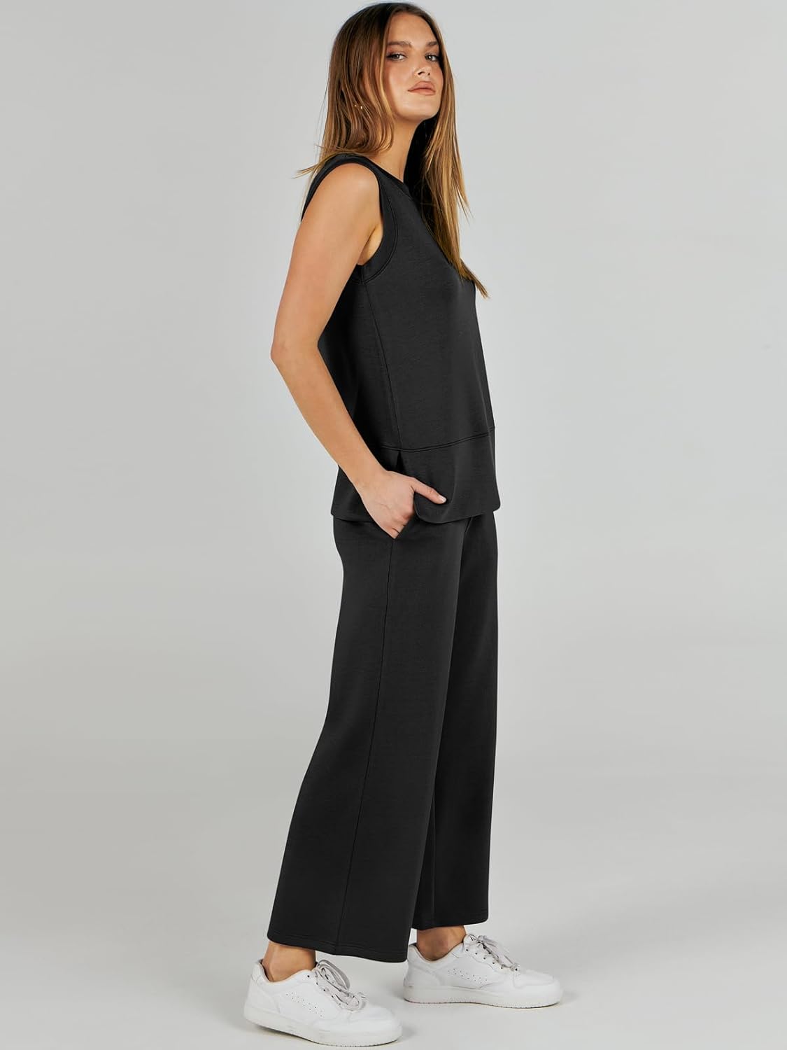 Women's 2 Piece Sets Summer Outfits Sleeveless Wide Leg Tracksuits Casual Sweat Sets Lounge Sweatsuits