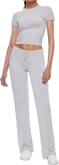 Women's 2 Piece Lounge Sets Fold-over Flare Pants Set Long Sleeve Crop
