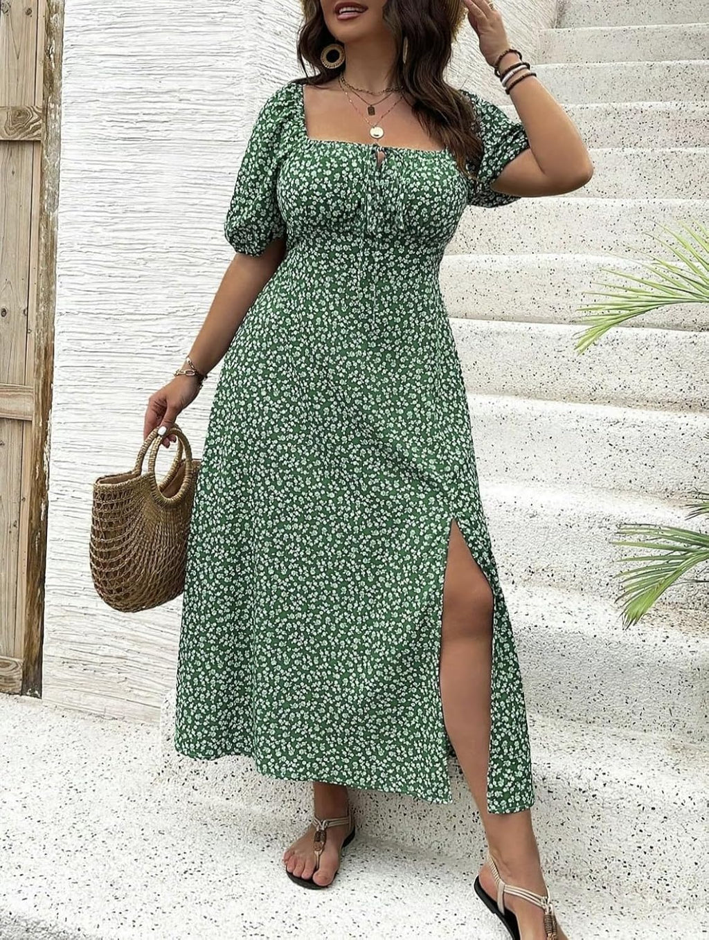 Women Plus Size Dress Puff Sleeve Floral Split A Line Maxi Dress Boho Tie Front Casual Beach Long Dresses