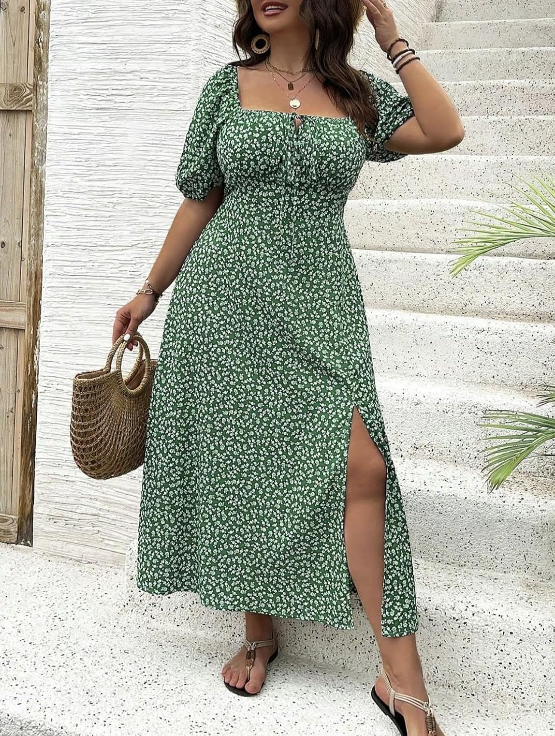 Women Plus Size Dress Puff Sleeve Floral Split A Line Maxi Dress Boho Tie Front Casual Beach Long Dresses