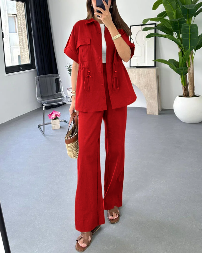 Workwear drawstring casual two-piece set