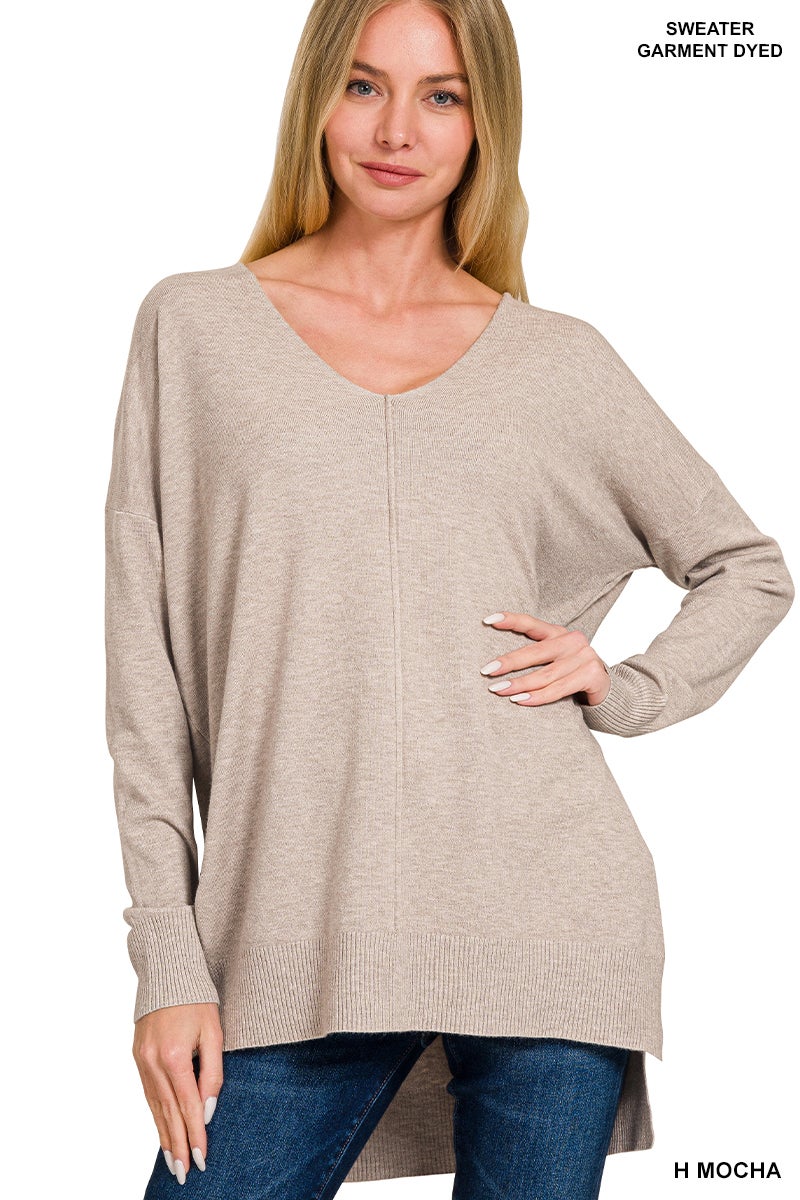 Hi-Low Hem V-Neck Center Seam Sweater (Multiple Colors)