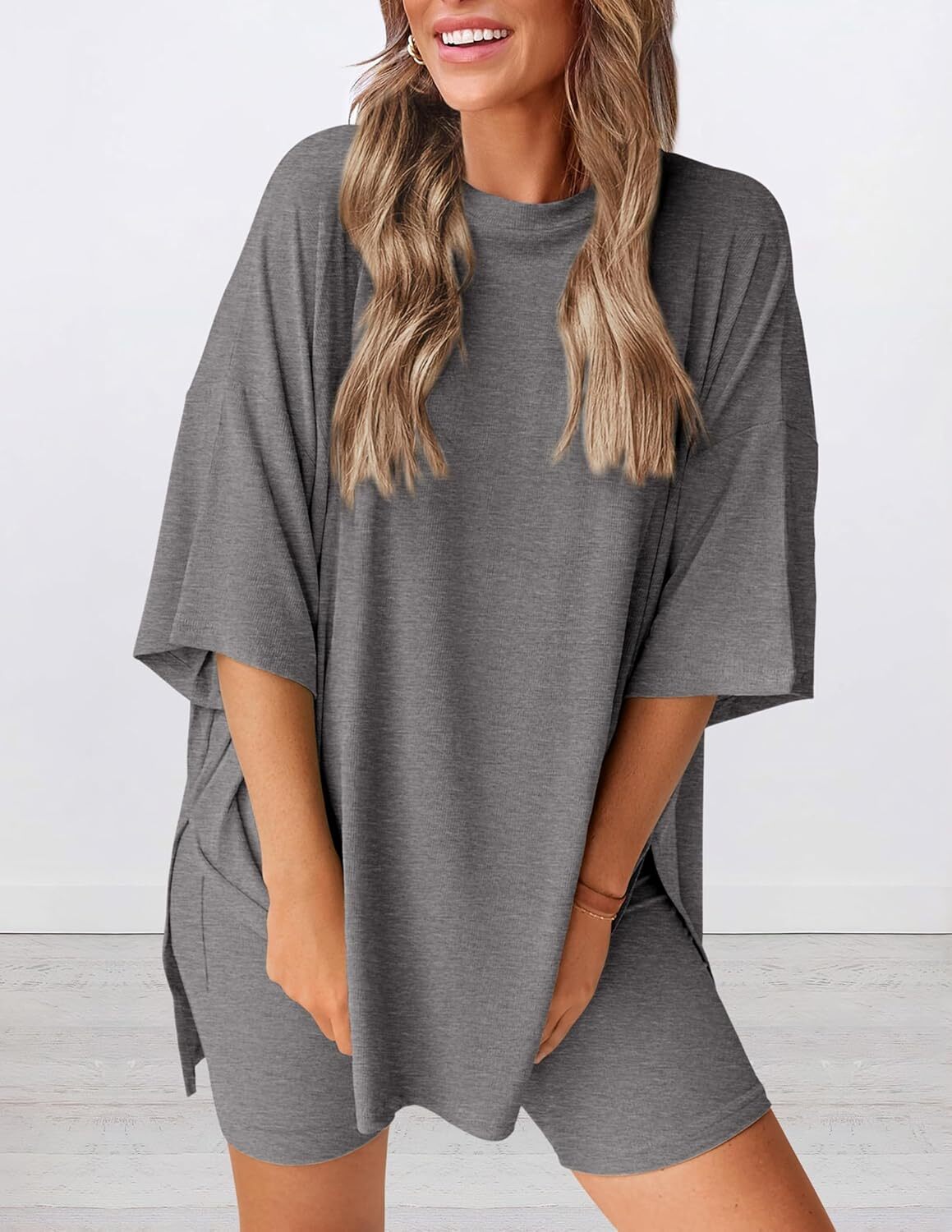 Women's Two Piece Lounge Set Casual Oversized Crewneck Tops and High Waisted Shorts Set
