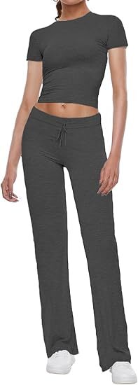 Women's 2 Piece Lounge Sets Fold-over Flare Pants Set Long Sleeve Crop
