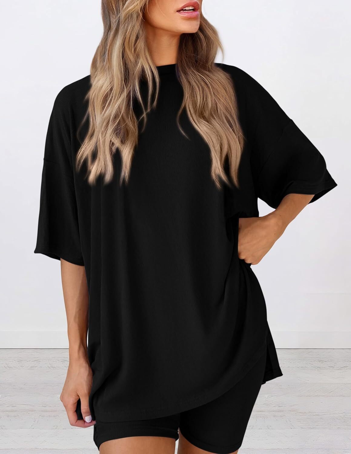 Women's Two Piece Lounge Set Casual Oversized Crewneck Tops and High Waisted Shorts Set