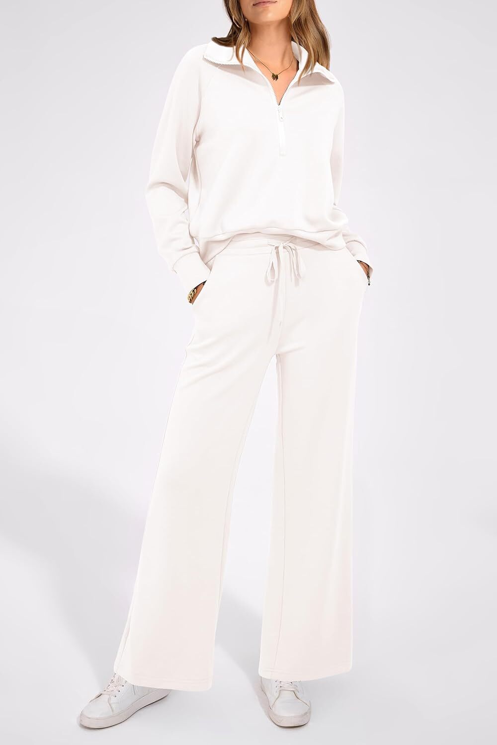 Women's 2 Piece Outfits Casual Lapel Half Zip Sweatshirts And Wide Leg Pants Tracksuit Sets