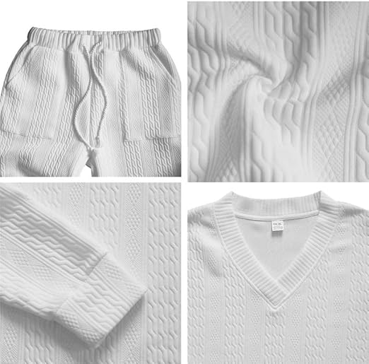 Mens V Neck Sweatshirt Jacquard Tracksuit 2 Piece Men Baggy Sweatsuit Sets Men's Jogging Tracksuit Set Outfit for Men