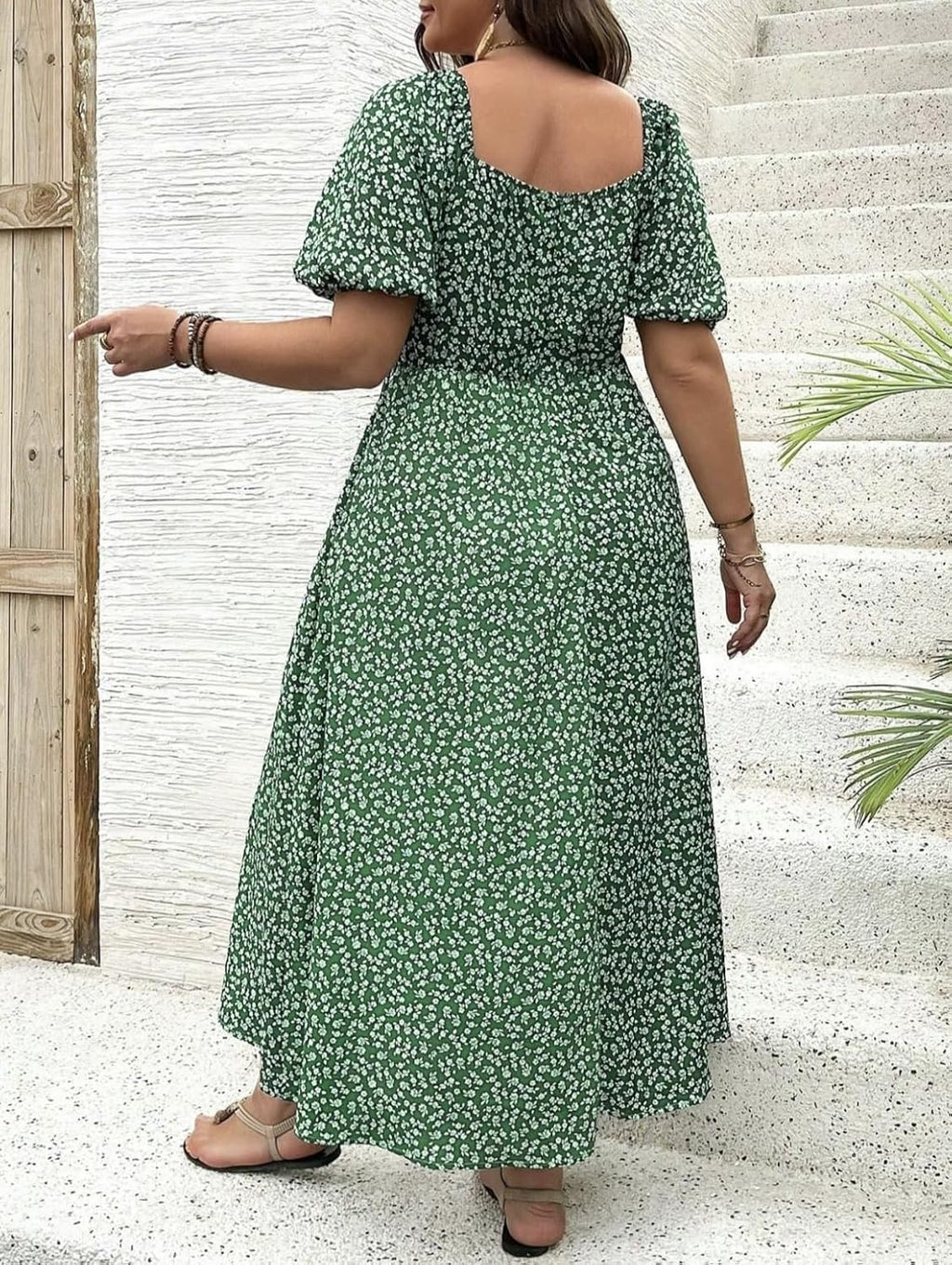 Women Plus Size Dress Puff Sleeve Floral Split A Line Maxi Dress Boho Tie Front Casual Beach Long Dresses