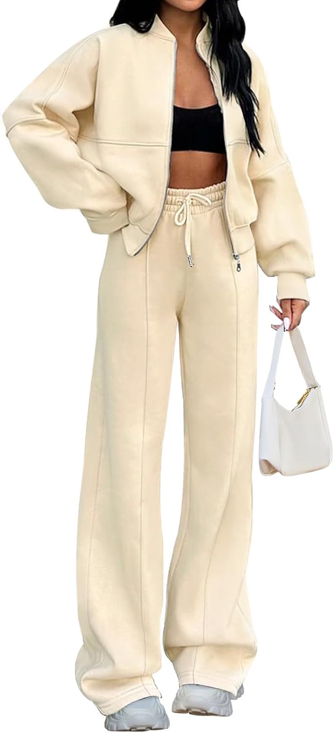 Christmas Deals Women's Fall 2 Piece Sweatsuits Set Long Sleeve Zip Up Sweatshirt Wide Leg Sweatpants Lounge Sets