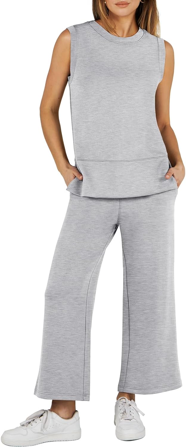 Women's 2 Piece Sets Summer Outfits Sleeveless Wide Leg Tracksuits Casual Sweat Sets Lounge Sweatsuits