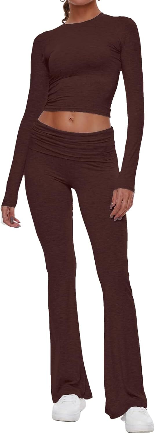 Women's 2 Piece Lounge Sets Fold-over Flare Pants Set Long Sleeve Crop