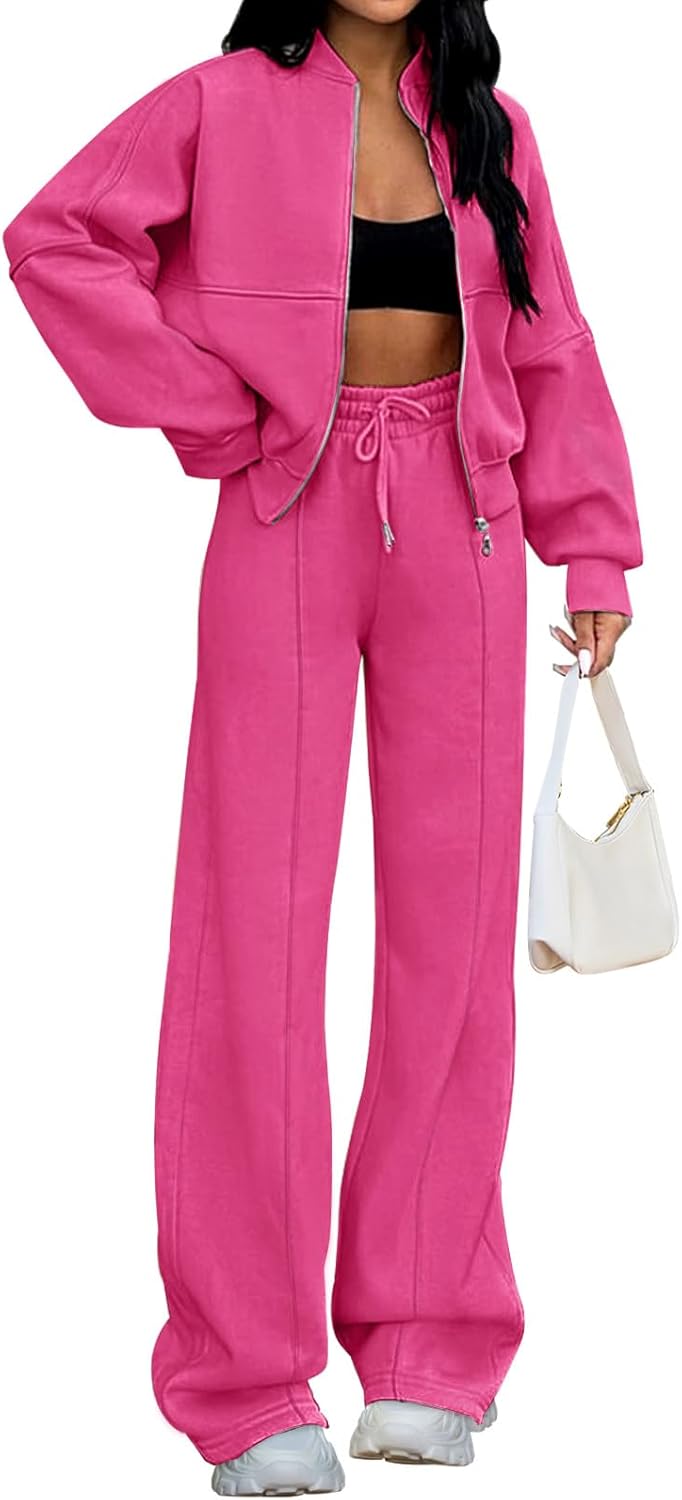 Christmas Deals Women's Fall 2 Piece Sweatsuits Set Long Sleeve Zip Up Sweatshirt Wide Leg Sweatpants Lounge Sets