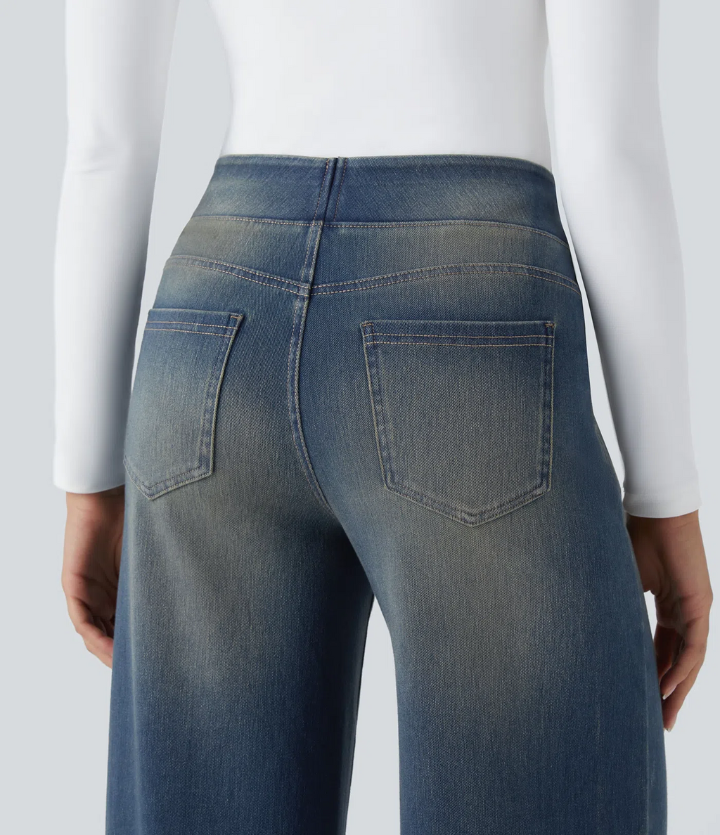 💝Last day promotion⚡High Waisted Multiple Pockets Baggy Wide Leg Washed Stretchy Knit Casual Jeans