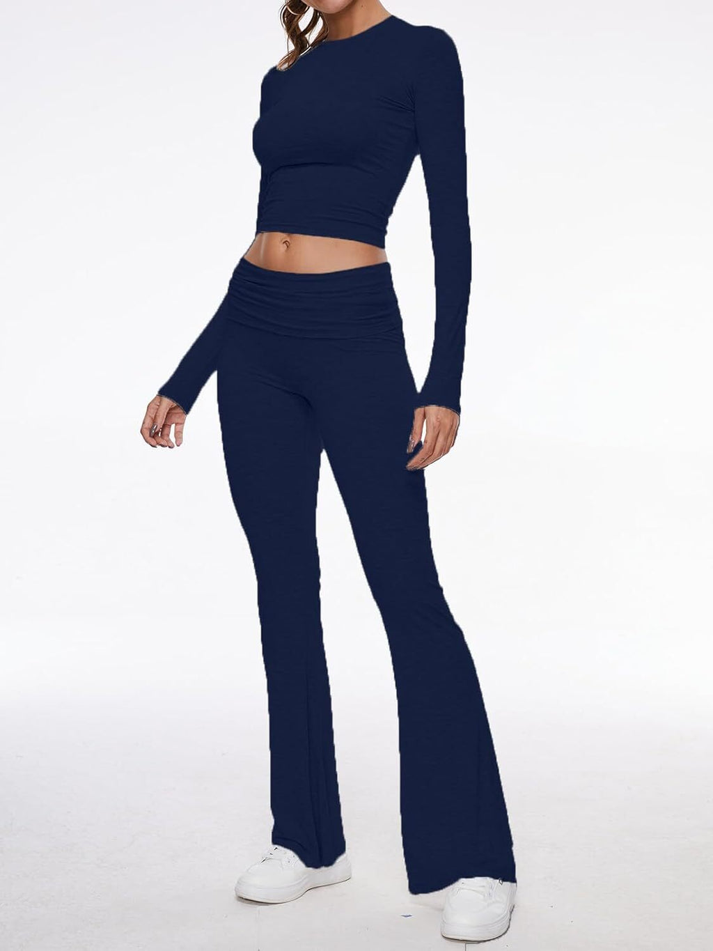 Women's 2 Piece Lounge Sets Fold-over Flare Pants Set Long Sleeve Crop