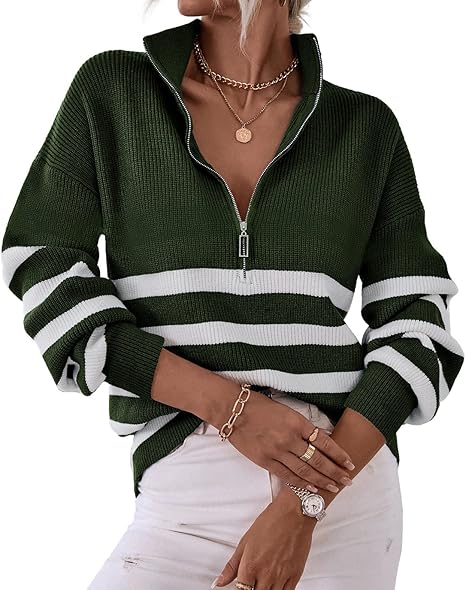 2025 Casual Long Sleeve Zipper Striped Pullover V Neck Ribbed Knitted Autumn and Winter Casual Pullover