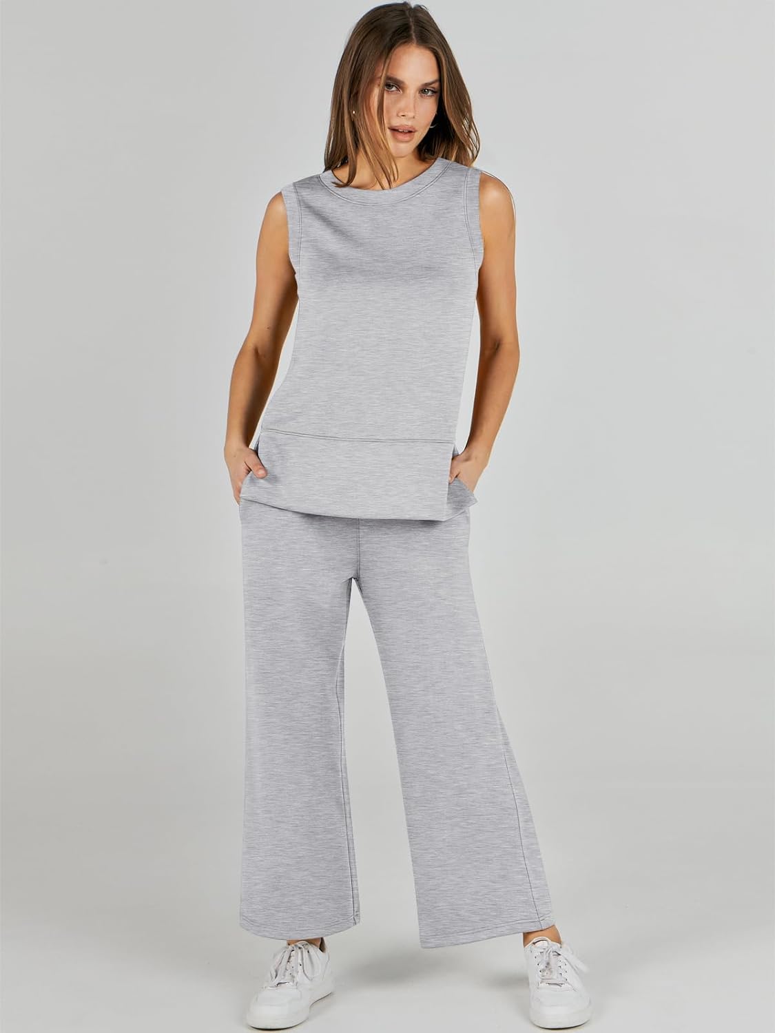 Women's 2 Piece Sets Summer Outfits Sleeveless Wide Leg Tracksuits Casual Sweat Sets Lounge Sweatsuits