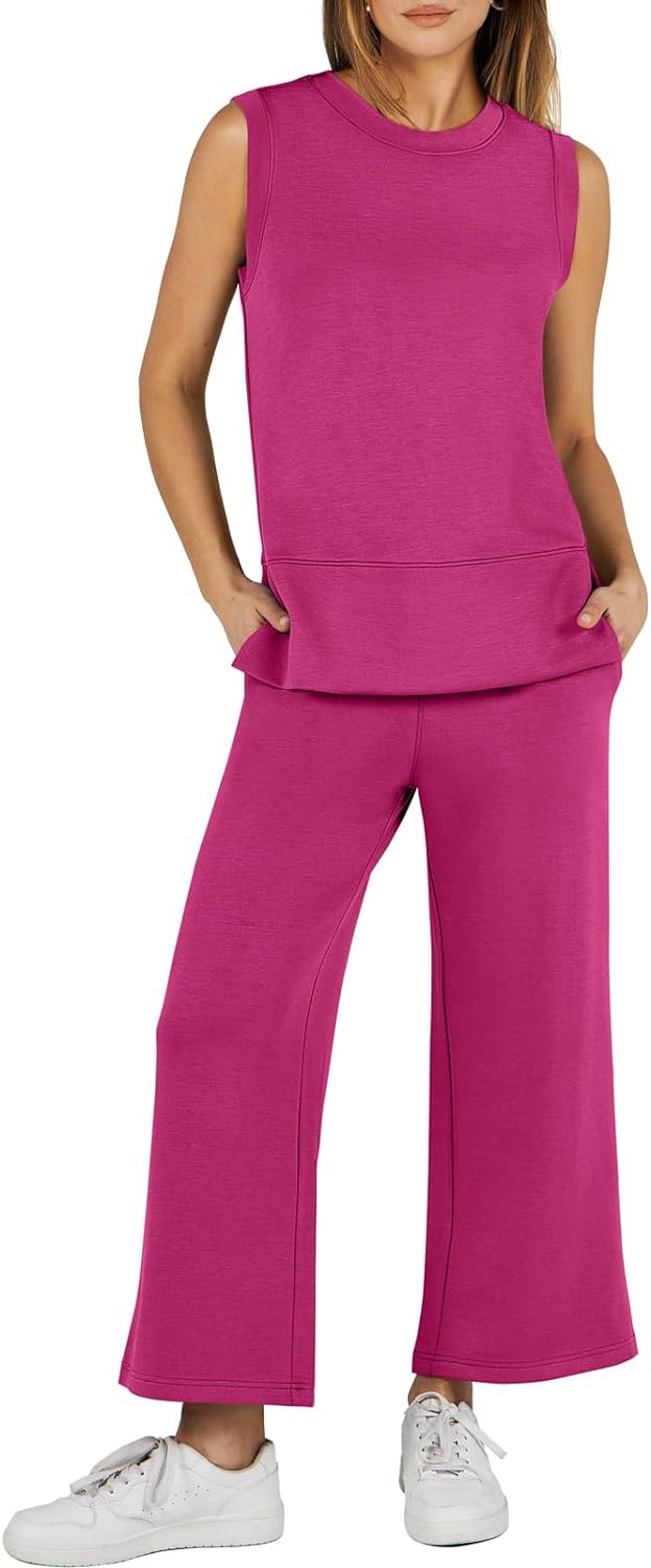 Women's 2 Piece Sets Summer Outfits Sleeveless Wide Leg Tracksuits Casual Sweat Sets Lounge Sweatsuits