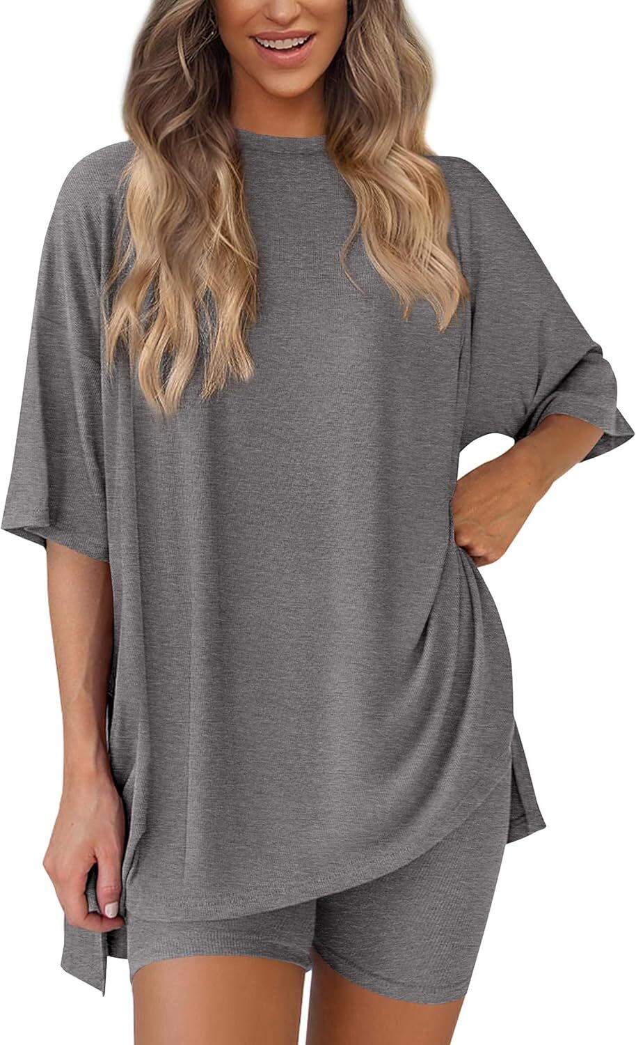 Women's Two Piece Lounge Set Casual Oversized Crewneck Tops and High Waisted Shorts Set
