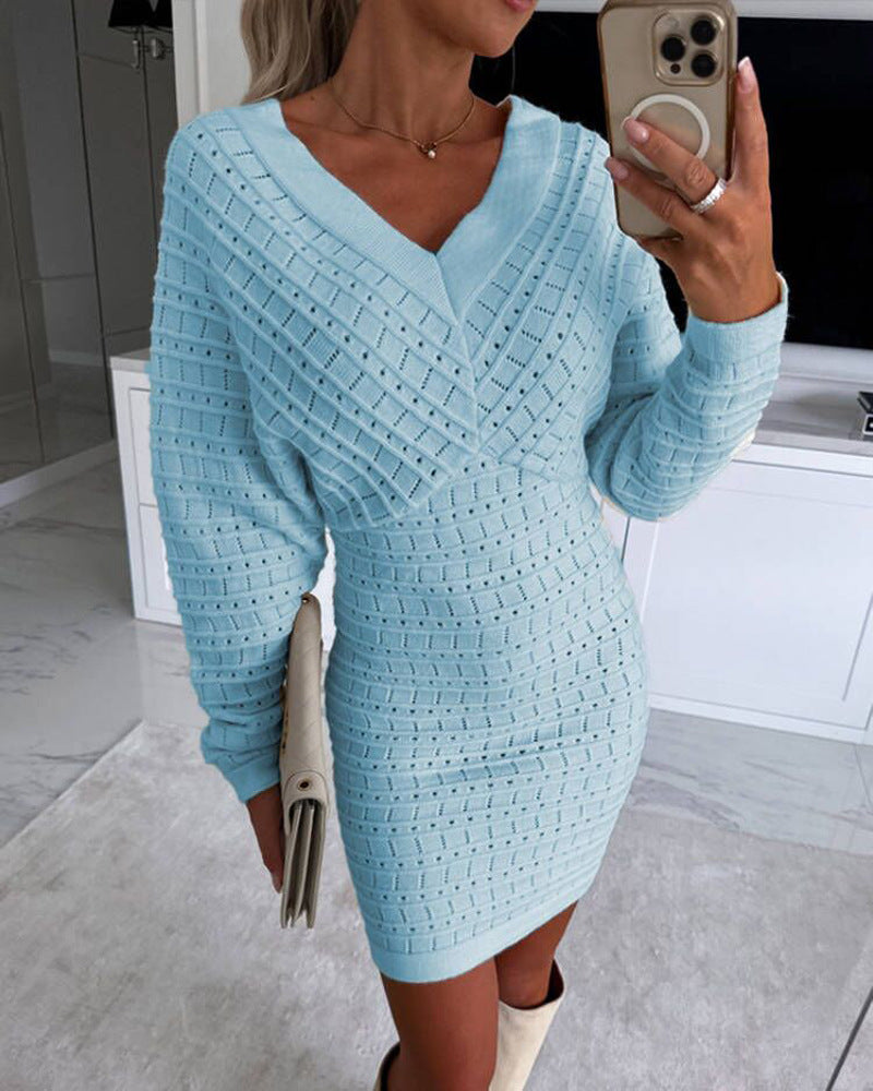 Women V Neck Knit Sweater Dress Pullover Hollow Out Casual Batwing Sleeve