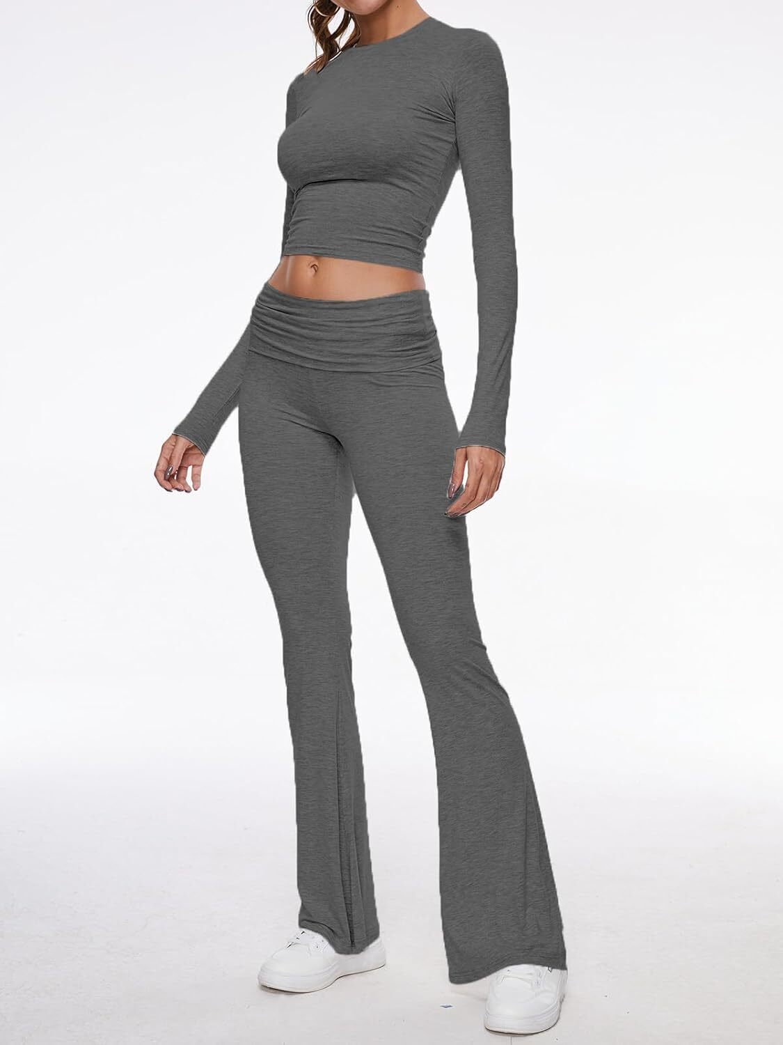 Women's 2 Piece Lounge Sets Fold-over Flare Pants Set Long Sleeve Crop