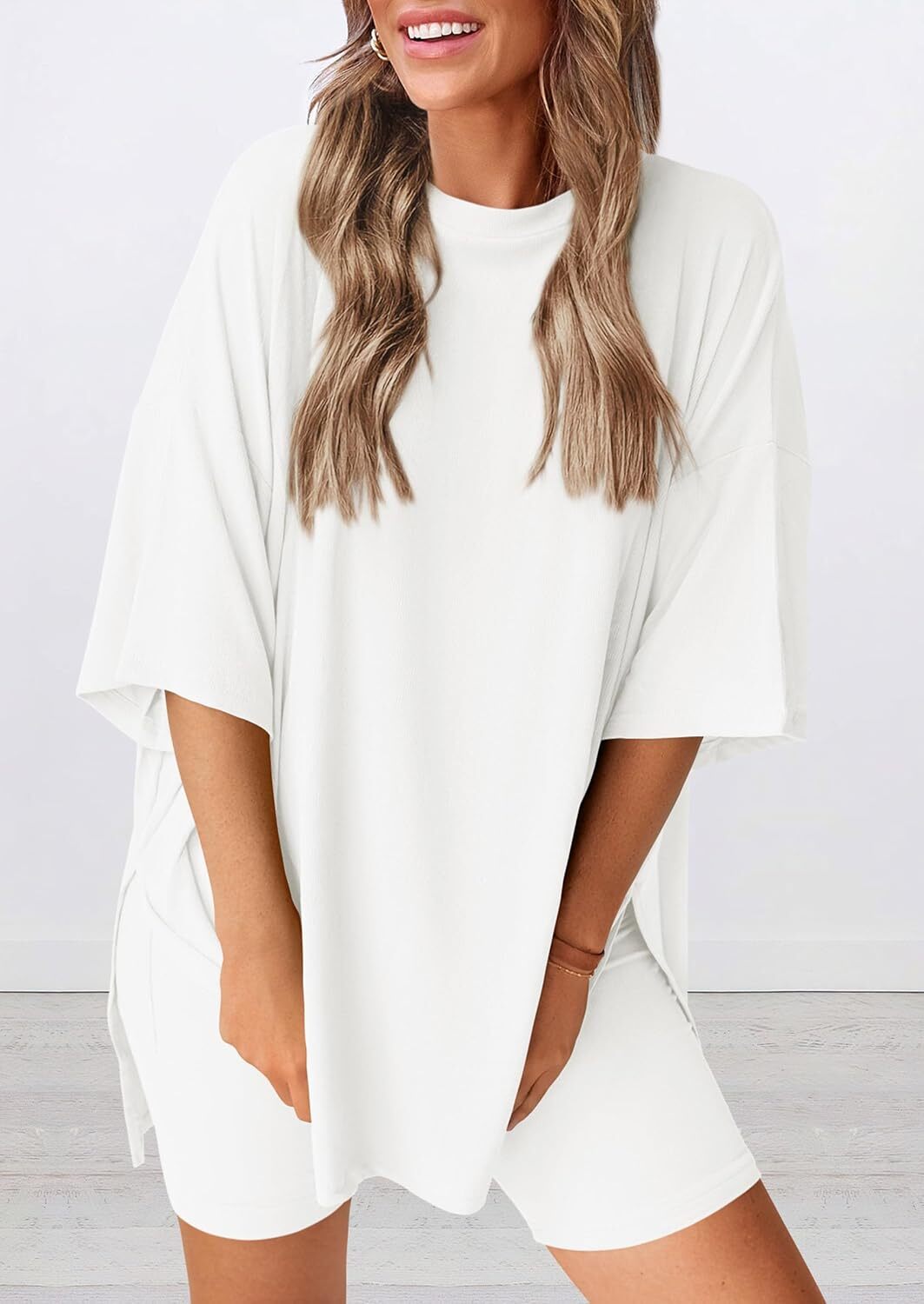 Women's Two Piece Lounge Set Casual Oversized Crewneck Tops and High Waisted Shorts Set