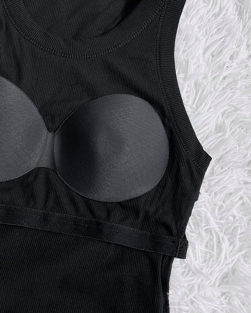 Women Built in Bra Ribbed Tank Tops Sleeveless Casual Tops