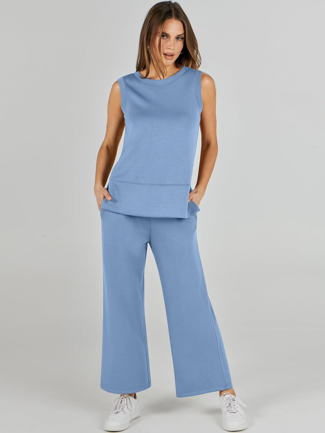 Women's 2 Piece Sets Summer Outfits Sleeveless Wide Leg Tracksuits Casual Sweat Sets Lounge Sweatsuits