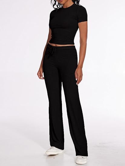 Women's 2 Piece Lounge Sets Fold-over Flare Pants Set Long Sleeve Crop