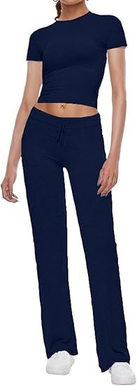 Women's 2 Piece Lounge Sets Fold-over Flare Pants Set Long Sleeve Crop