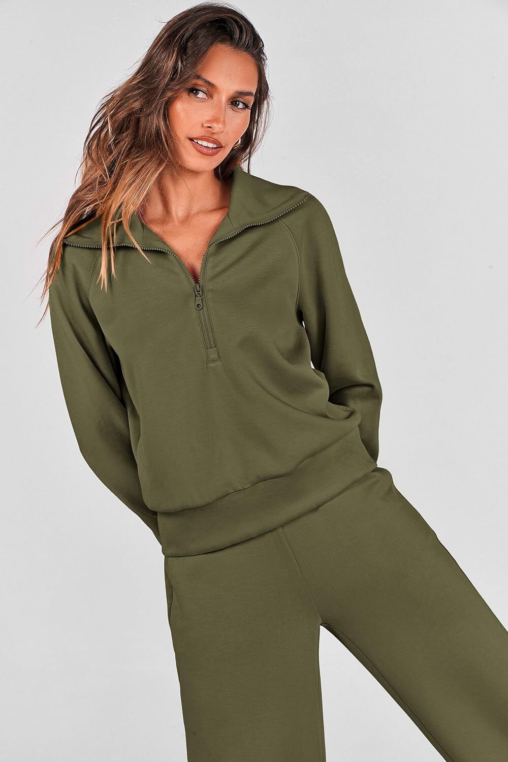 Women's 2 Piece Outfits Casual Lapel Half Zip Sweatshirts And Wide Leg Pants Tracksuit Sets