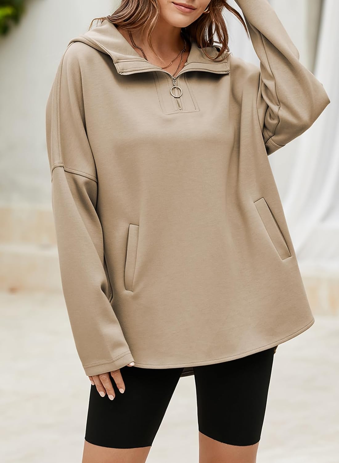 Women's Oversized Hoodies Casual Long Sleeve Half Zipper Pocket Sweatshirt Pullover Tops