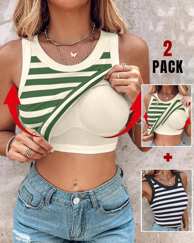 Women Built in Bra Ribbed Tank Tops Sleeveless Casual Tops