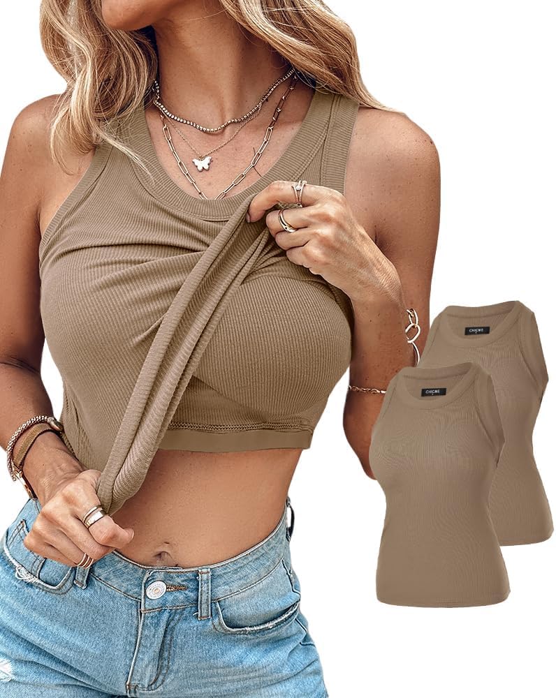Women Built in Bra Ribbed Tank Tops Sleeveless Casual Tops
