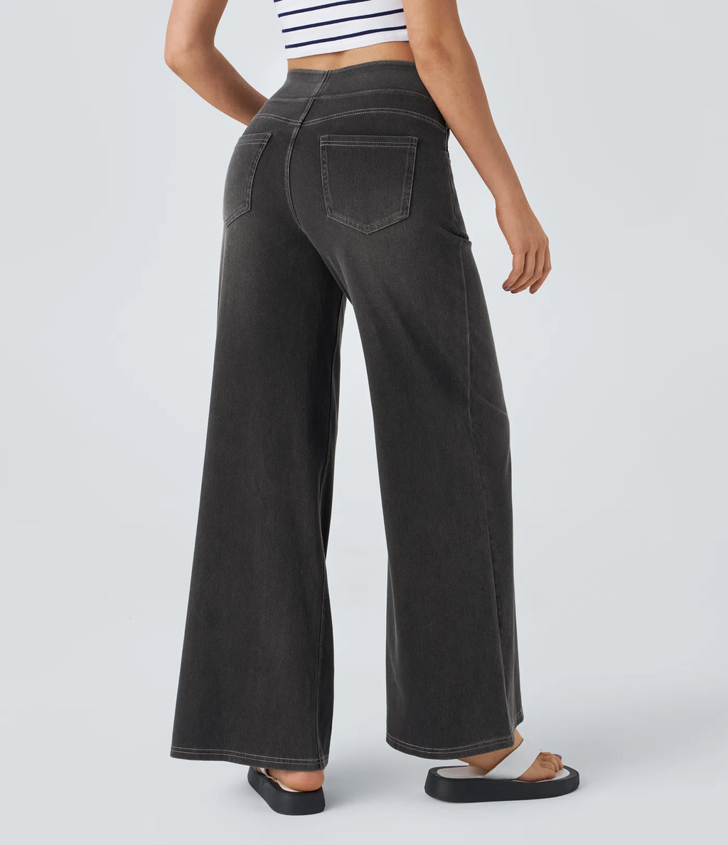 💝Last day promotion⚡High Waisted Multiple Pockets Baggy Wide Leg Washed Stretchy Knit Casual Jeans