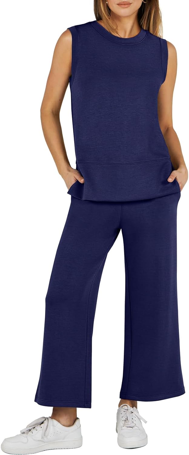 Women's 2 Piece Sets Summer Outfits Sleeveless Wide Leg Tracksuits Casual Sweat Sets Lounge Sweatsuits