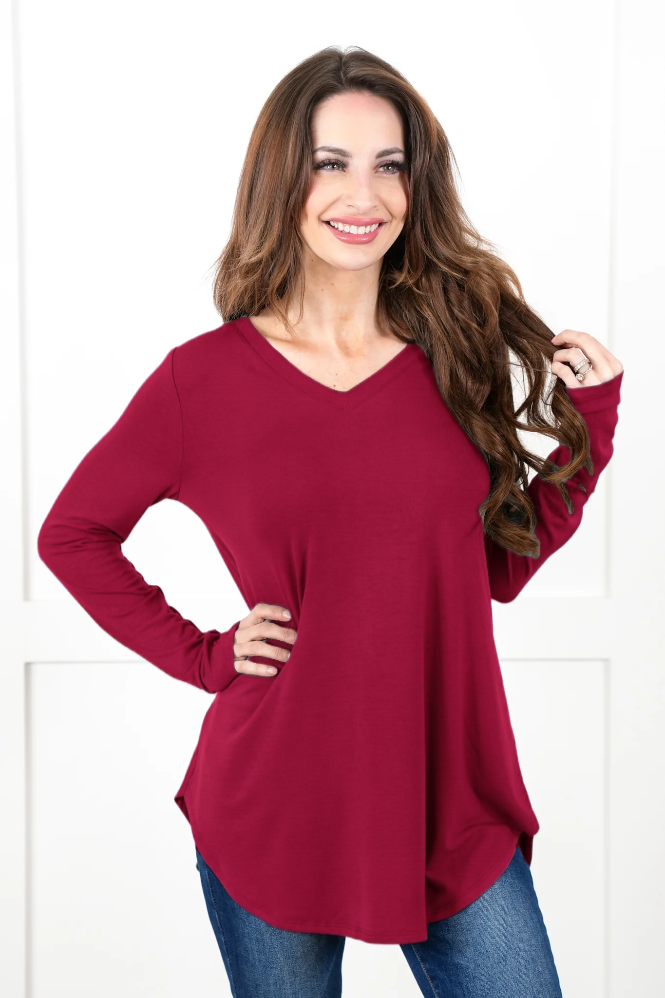 Long Sleeve V-Neck Round Hem Top (Multiple Colors)