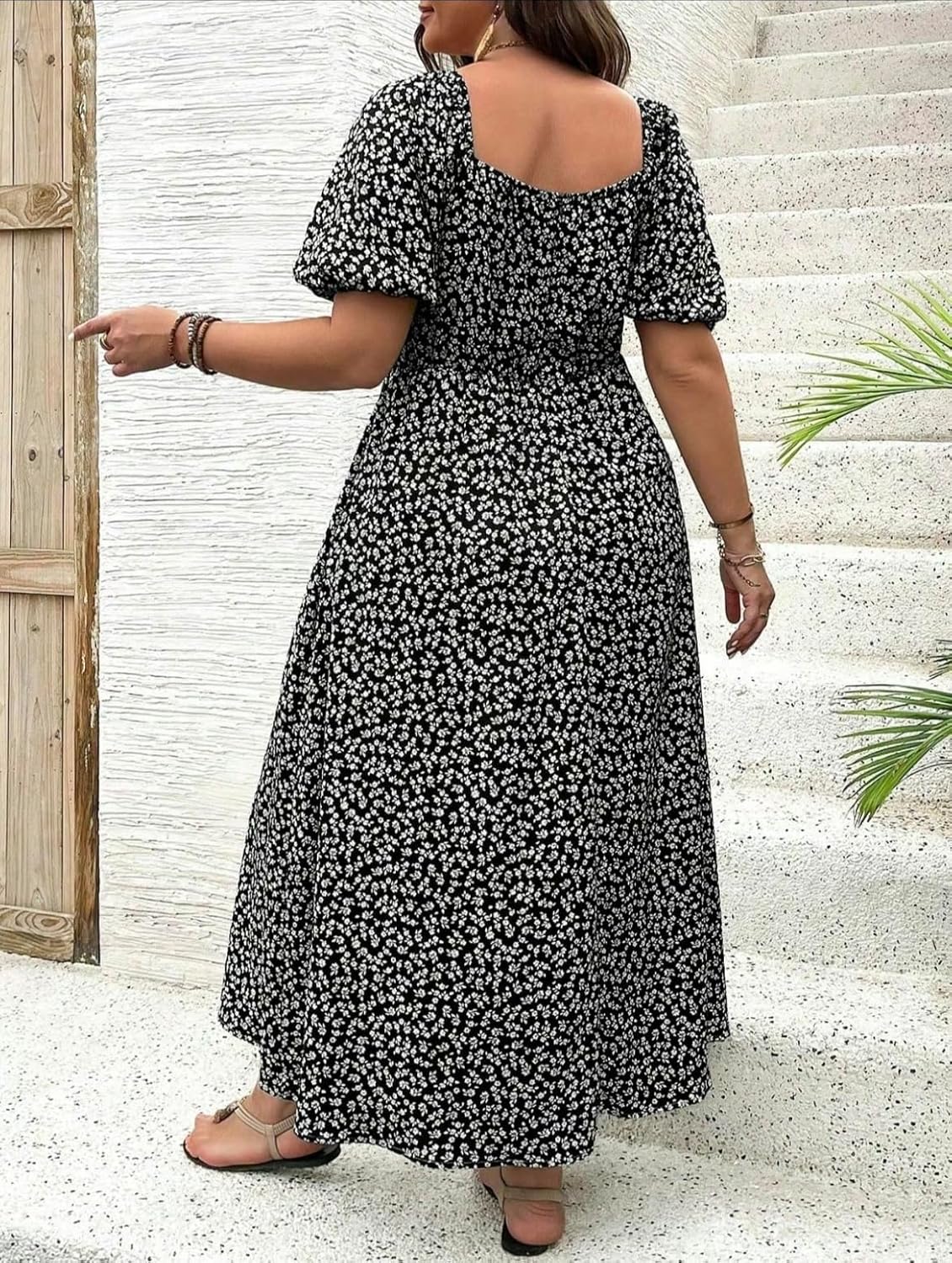 Women Plus Size Dress Puff Sleeve Floral Split A Line Maxi Dress Boho Tie Front Casual Beach Long Dresses