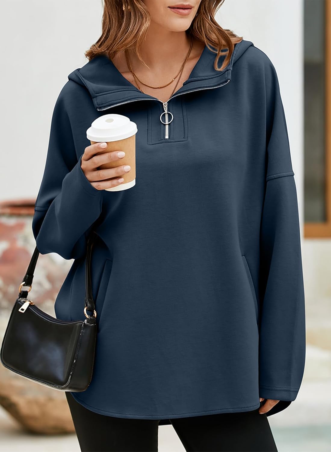 Women's Oversized Hoodies Casual Long Sleeve Half Zipper Pocket Sweatshirt Pullover Tops