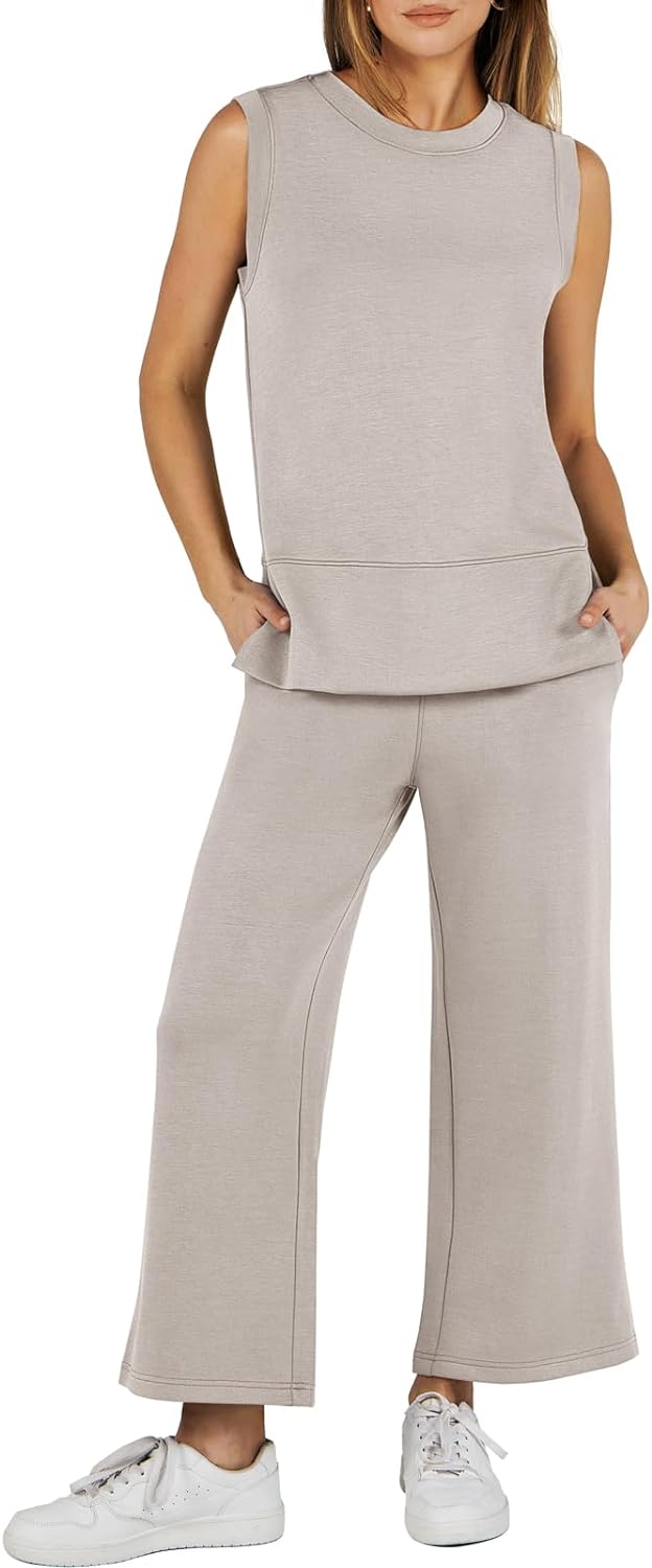 Women's 2 Piece Sets Summer Outfits Sleeveless Wide Leg Tracksuits Casual Sweat Sets Lounge Sweatsuits