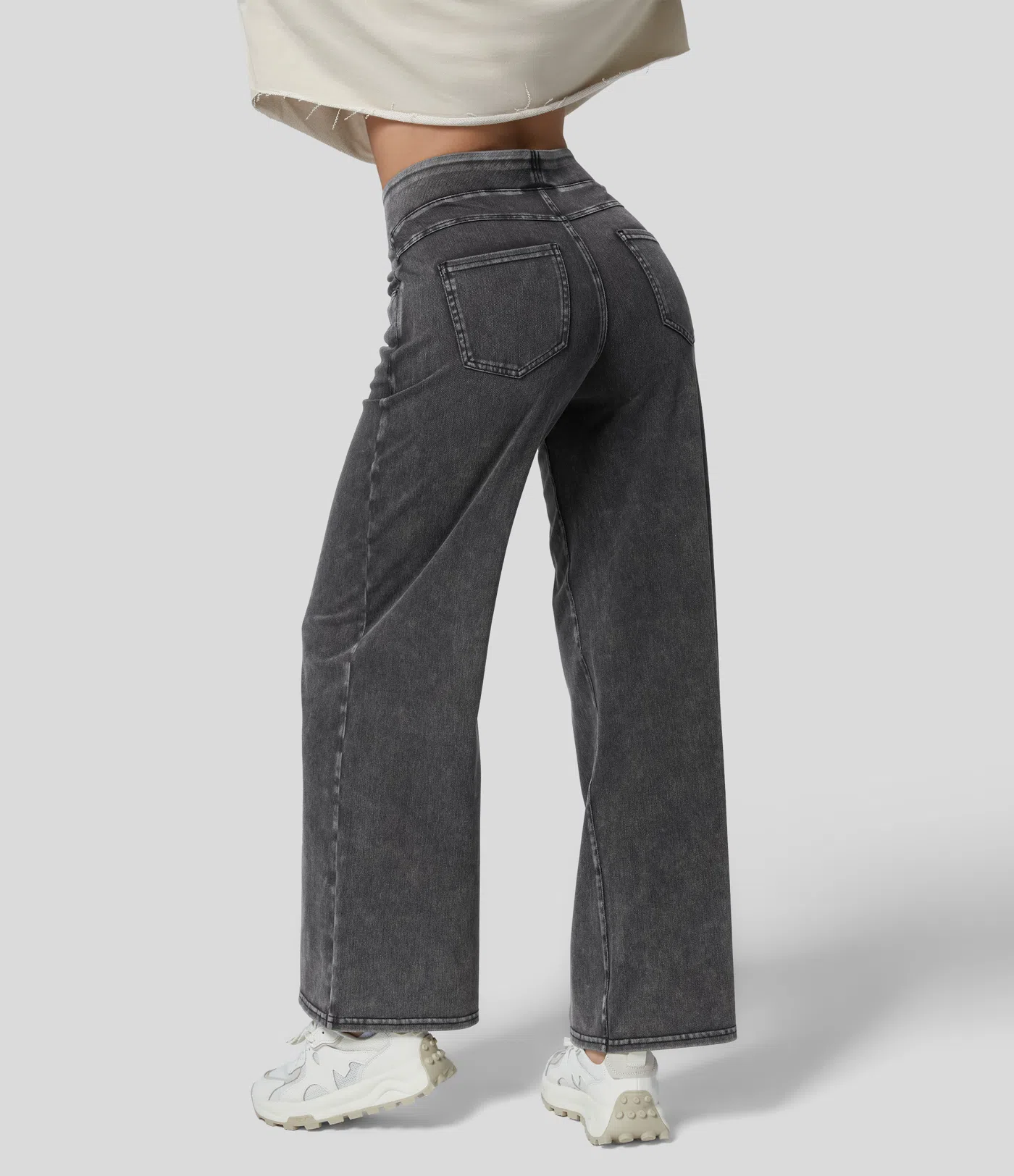 FINAL SALE⚡High Waisted Multiple Pockets Baggy Wide Leg Washed Stretchy Knit Casual Jeans