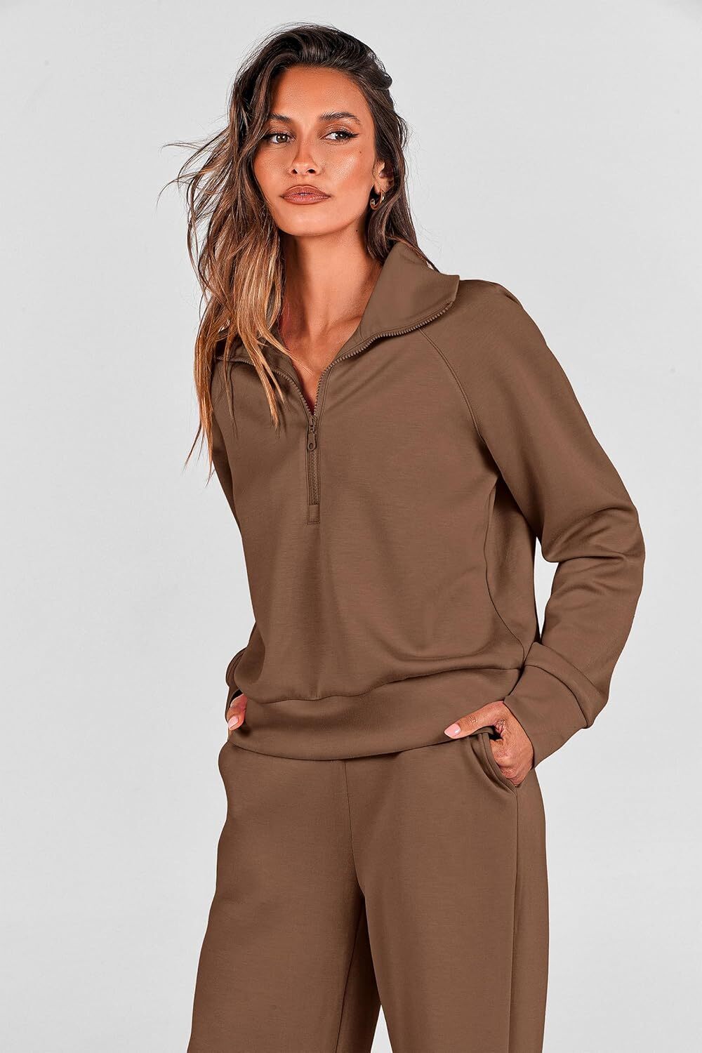 Women's 2 Piece Outfits Casual Lapel Half Zip Sweatshirts And Wide Leg Pants Tracksuit Sets