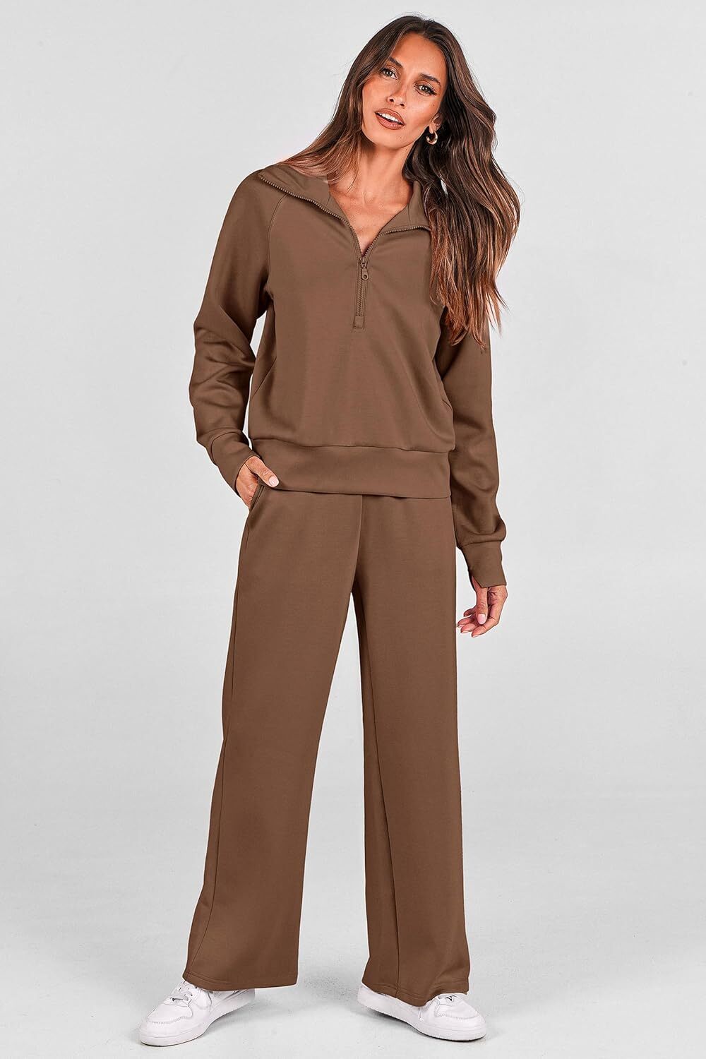 Women's 2 Piece Outfits Casual Lapel Half Zip Sweatshirts And Wide Leg Pants Tracksuit Sets
