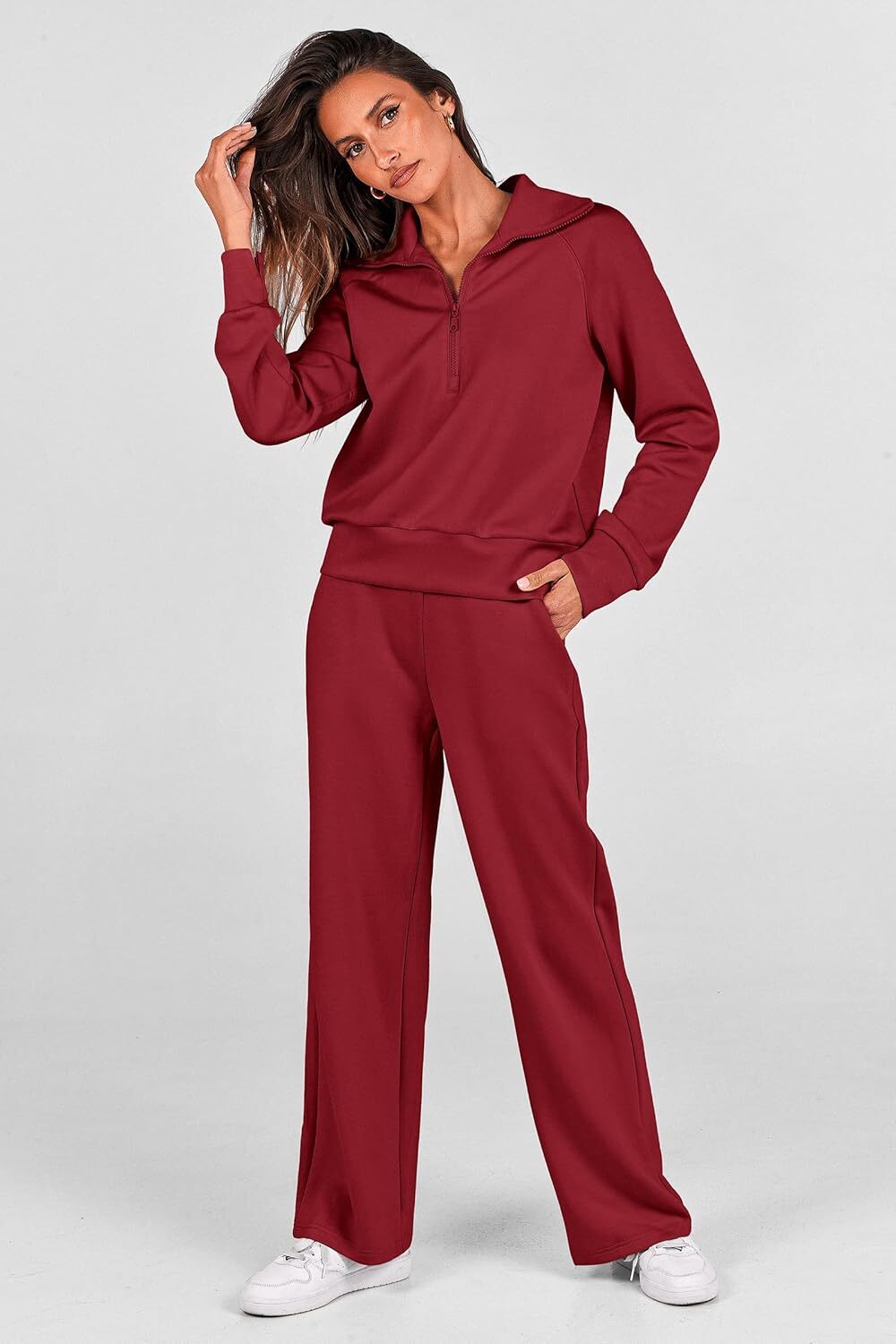 Women's 2 Piece Outfits Casual Lapel Half Zip Sweatshirts And Wide Leg Pants Tracksuit Sets