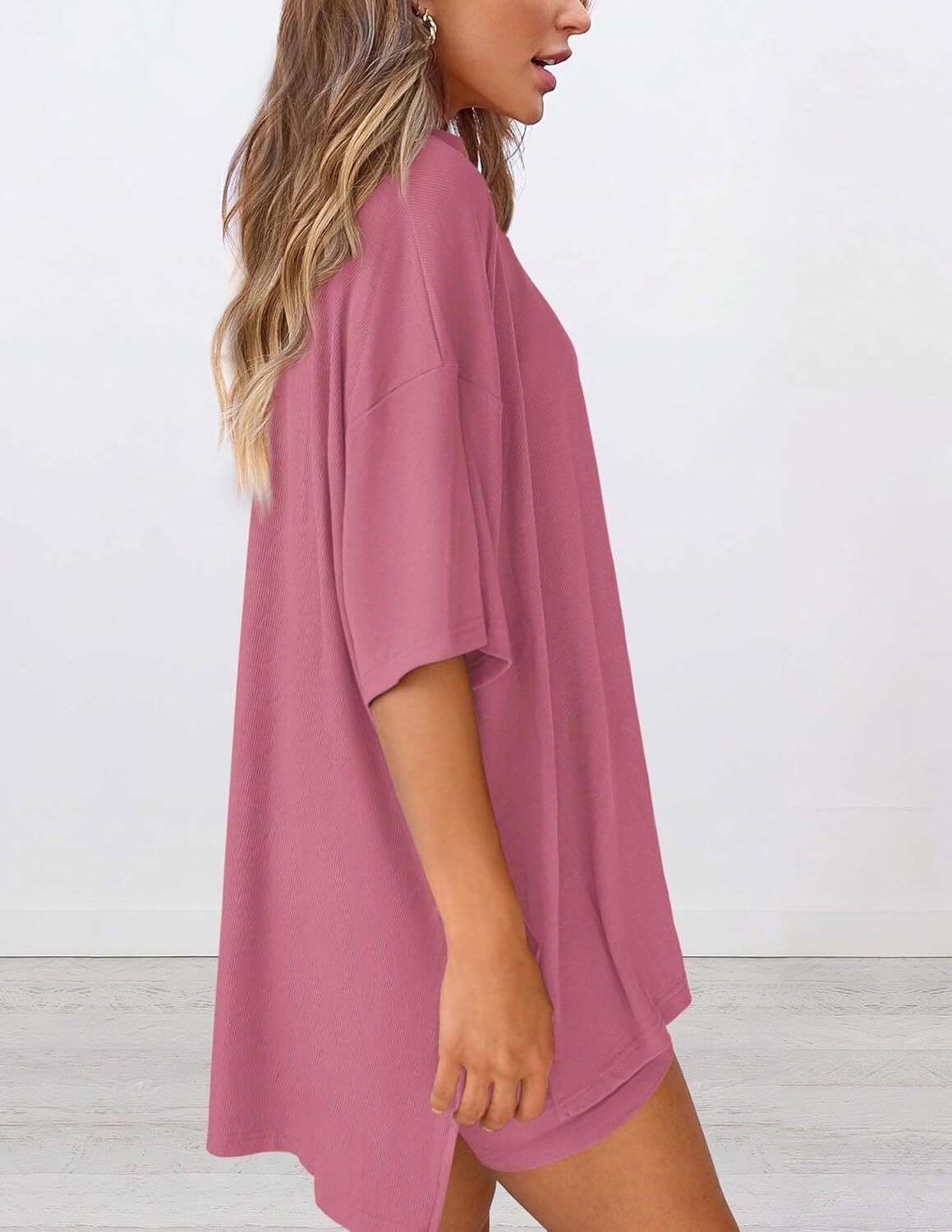 Women's Two Piece Lounge Set Casual Oversized Crewneck Tops and High Waisted Shorts Set